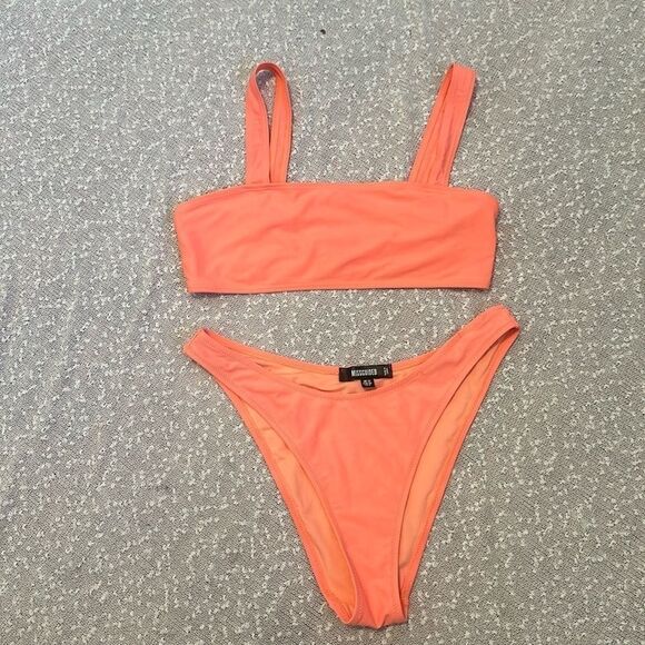 MISSGUIDED High Leg Waisted Coral Orange Bikini 6 8 - Picture 1 of 8